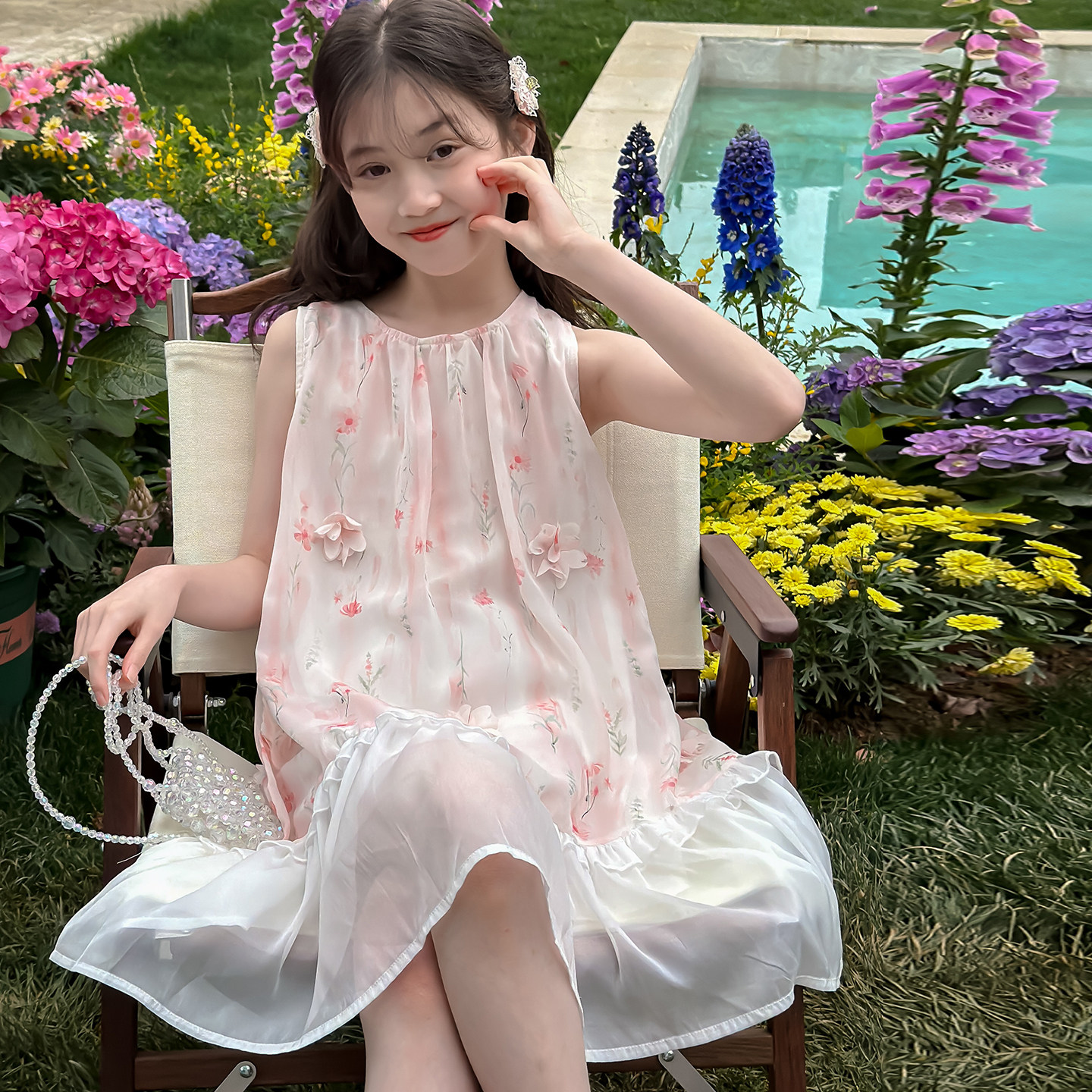 女童夏季甜美碎花雪纺公主连衣裙