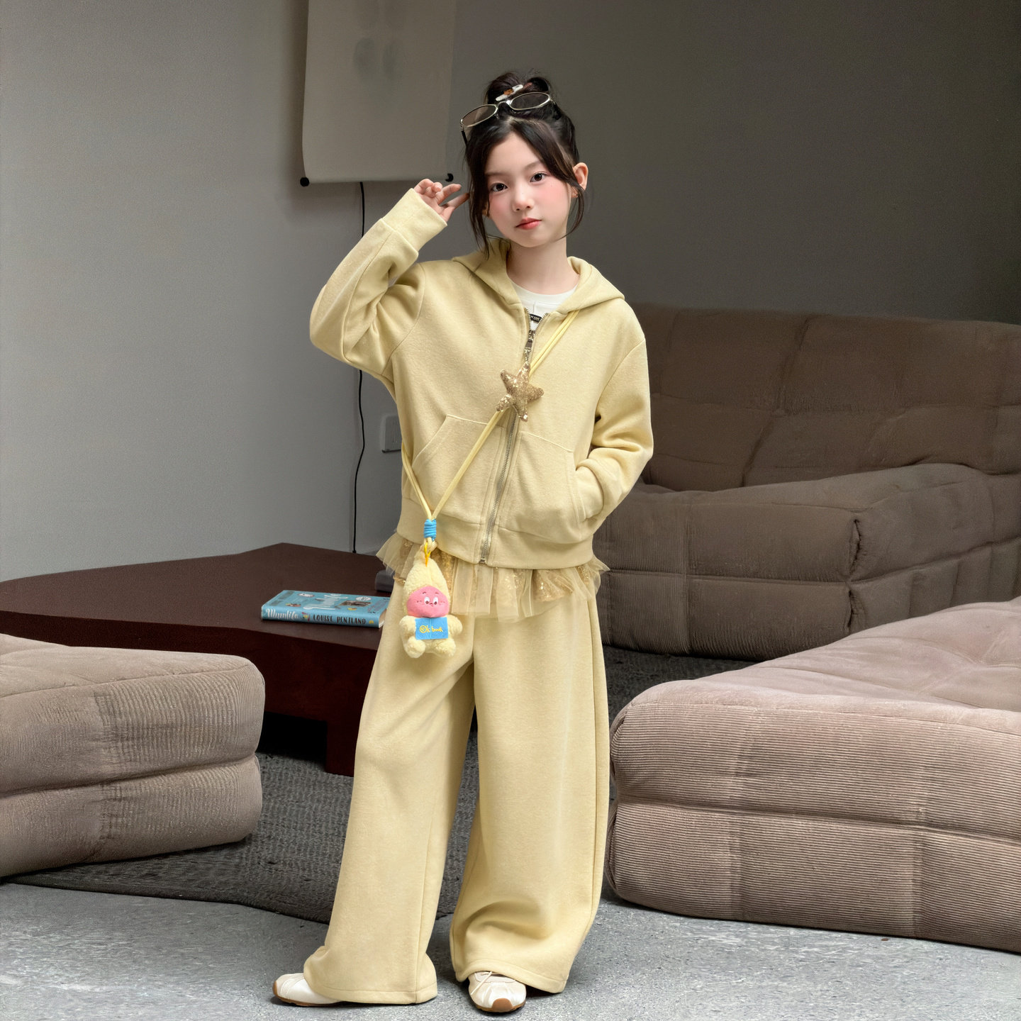 女童连帽加绒卫衣套装秋冬
