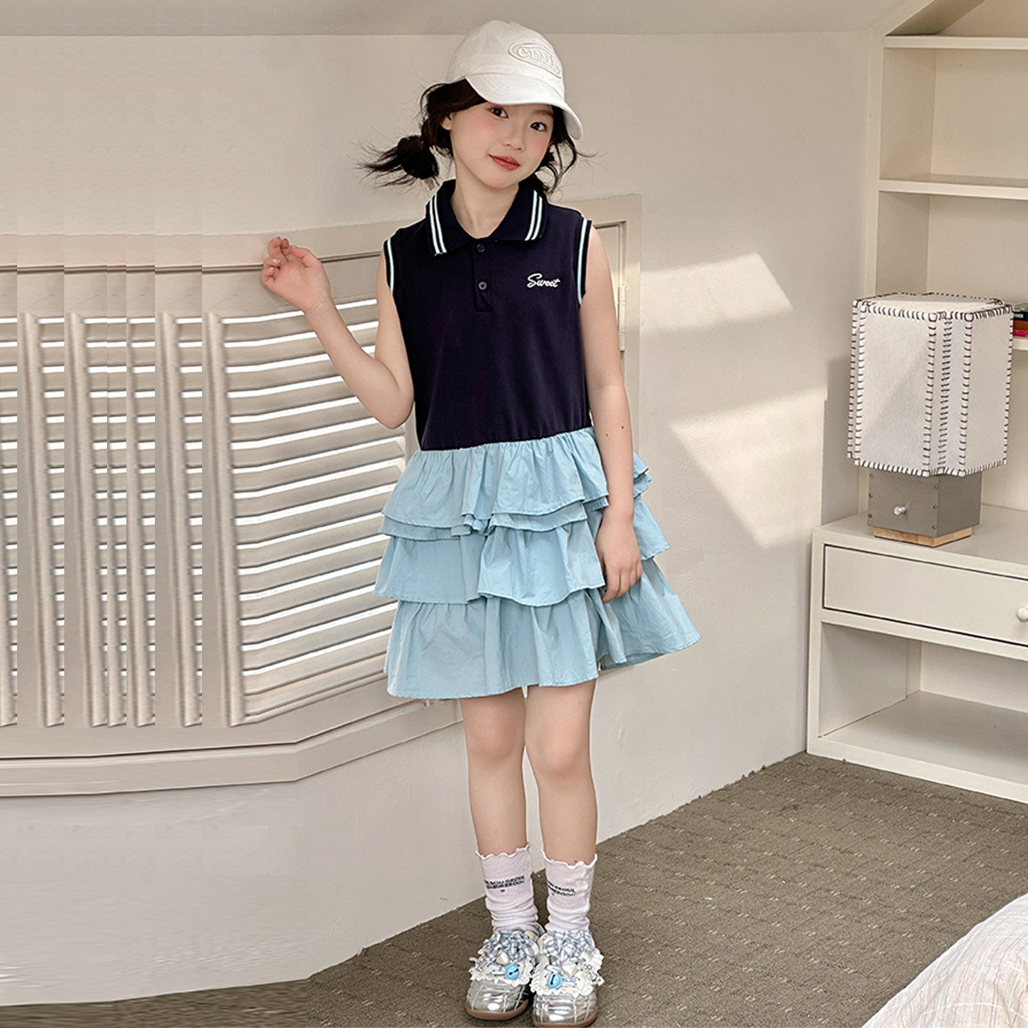 女童夏季学院风POLO领蛋糕连衣裙