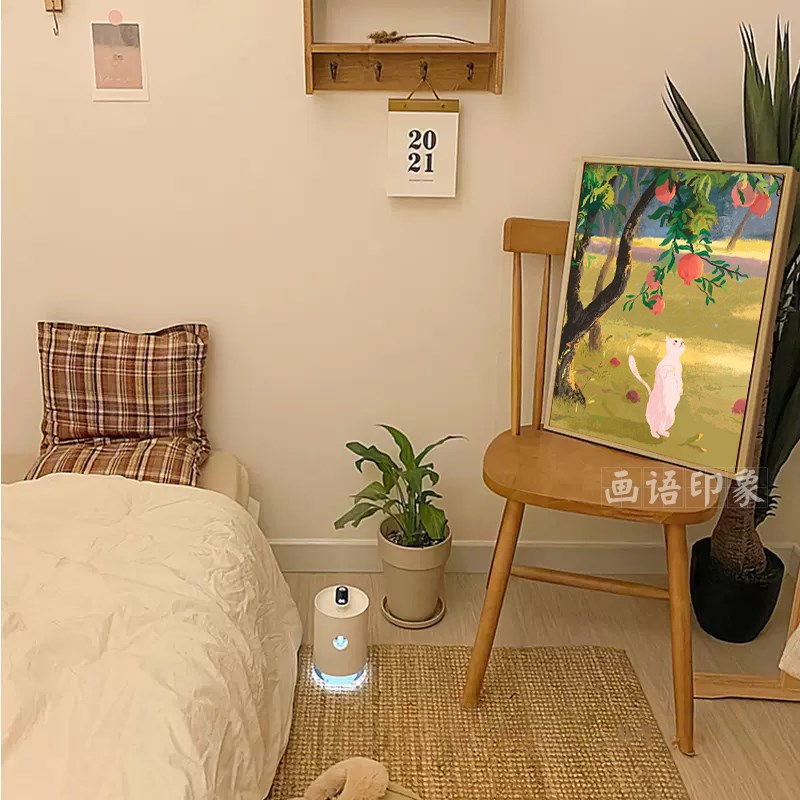 卡通猫咪客厅卧室装饰画治愈郁金香女孩简约玄关挂画卧室房间摆画图片
