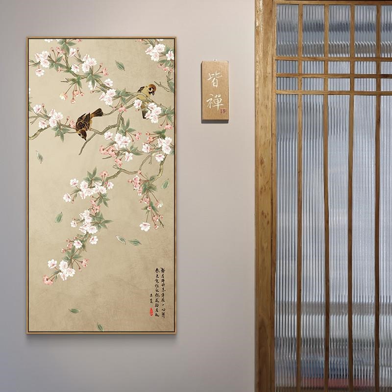 新中式玄关装饰画竖款花鸟工笔挂画中国风壁画客厅走廊楼梯墙面画图片