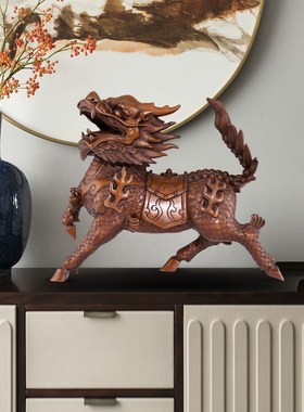 紫铜麒麟摆件一对公母招镇客厅玄关住宅门口办公室财大号铜火麒麟