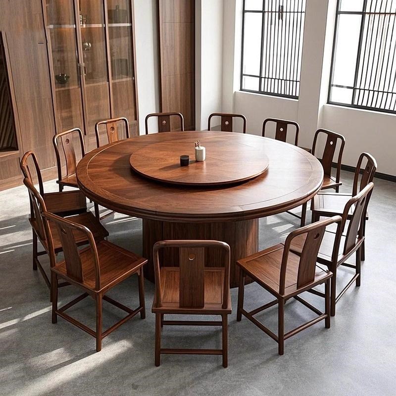 新中式餐桌大圆桌胡桃木色12人会所民宿饭店餐桌家用电动餐桌定制