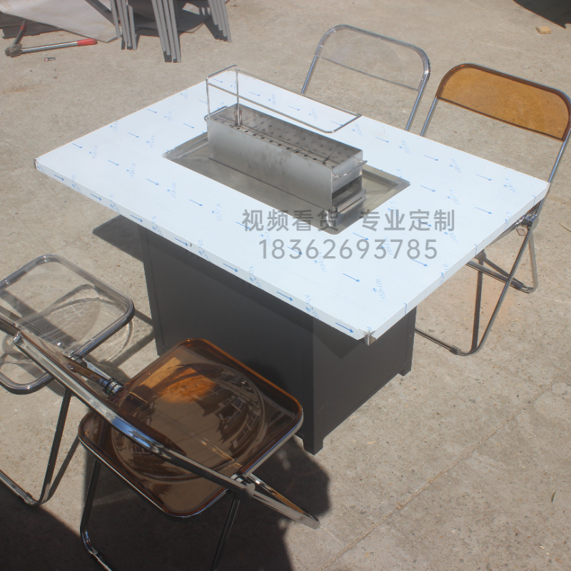 不锈钢烤串桌烧烤桌烤肉桌椅定制碳烤炉无烟手动电烤自动翻转串串