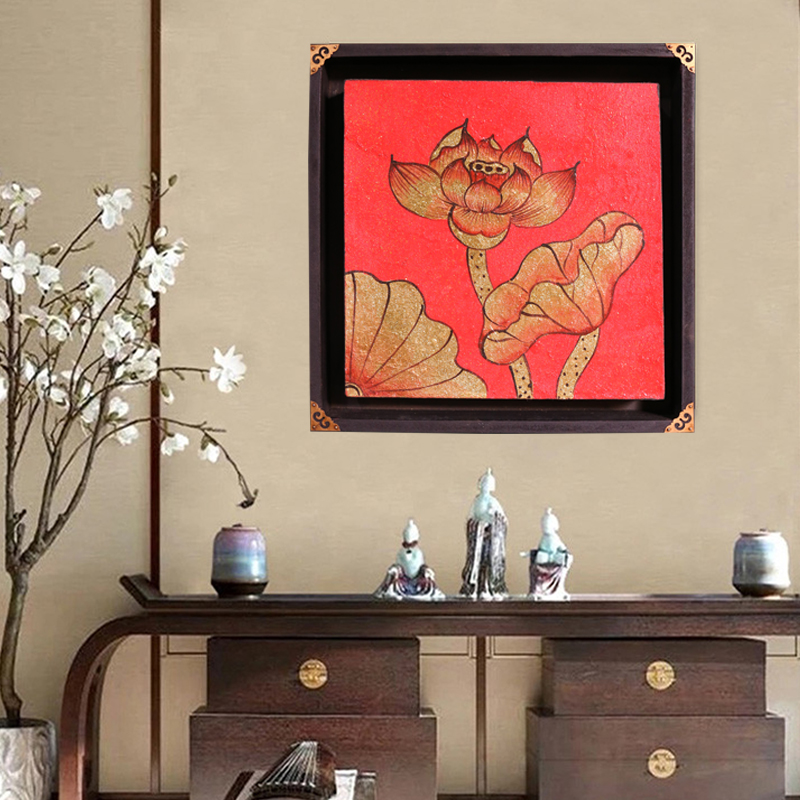 东南亚手绘荷花金箔挂画泰式风格中式会所背景墙装饰画餐厅装饰品图片