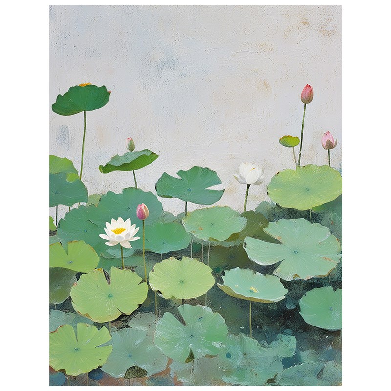 荷花荷叶风景纯手绘油画客厅玄关抽象花卉绿色装饰画背景墙挂画图片