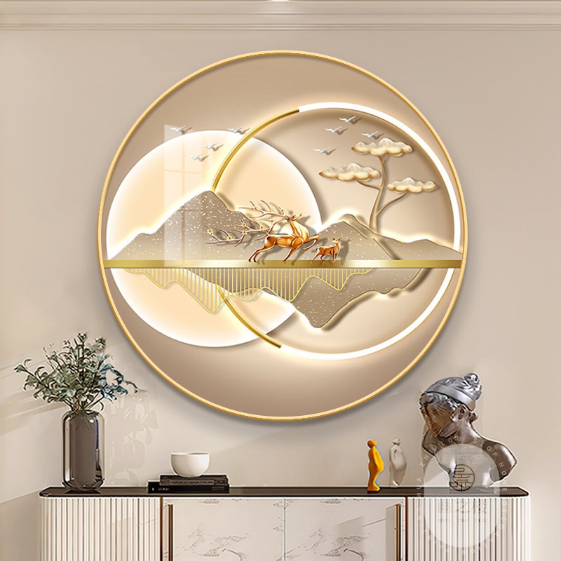 现代轻奢背有靠山圆形玄关装饰画大气生财有鹿寓意好餐厅壁画图片