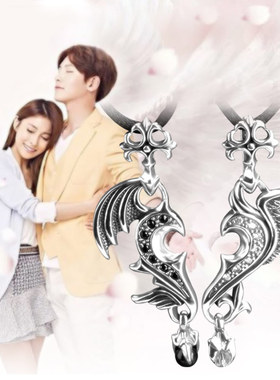 925银饰天使翅膀吊坠爱心项链情侣饰品男女一对创意挂件生日礼物