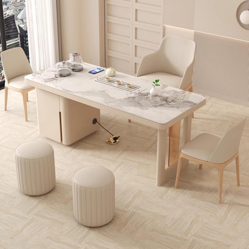 8V奶油风岩板茶桌椅家用小茶台现代简约自动烧水壶一体办公室茶台