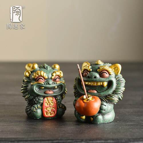 陶迷青砂石彩金瑞兽茶宠摆件文创招财貔貅麒麟一对桌面饰品吉祥物