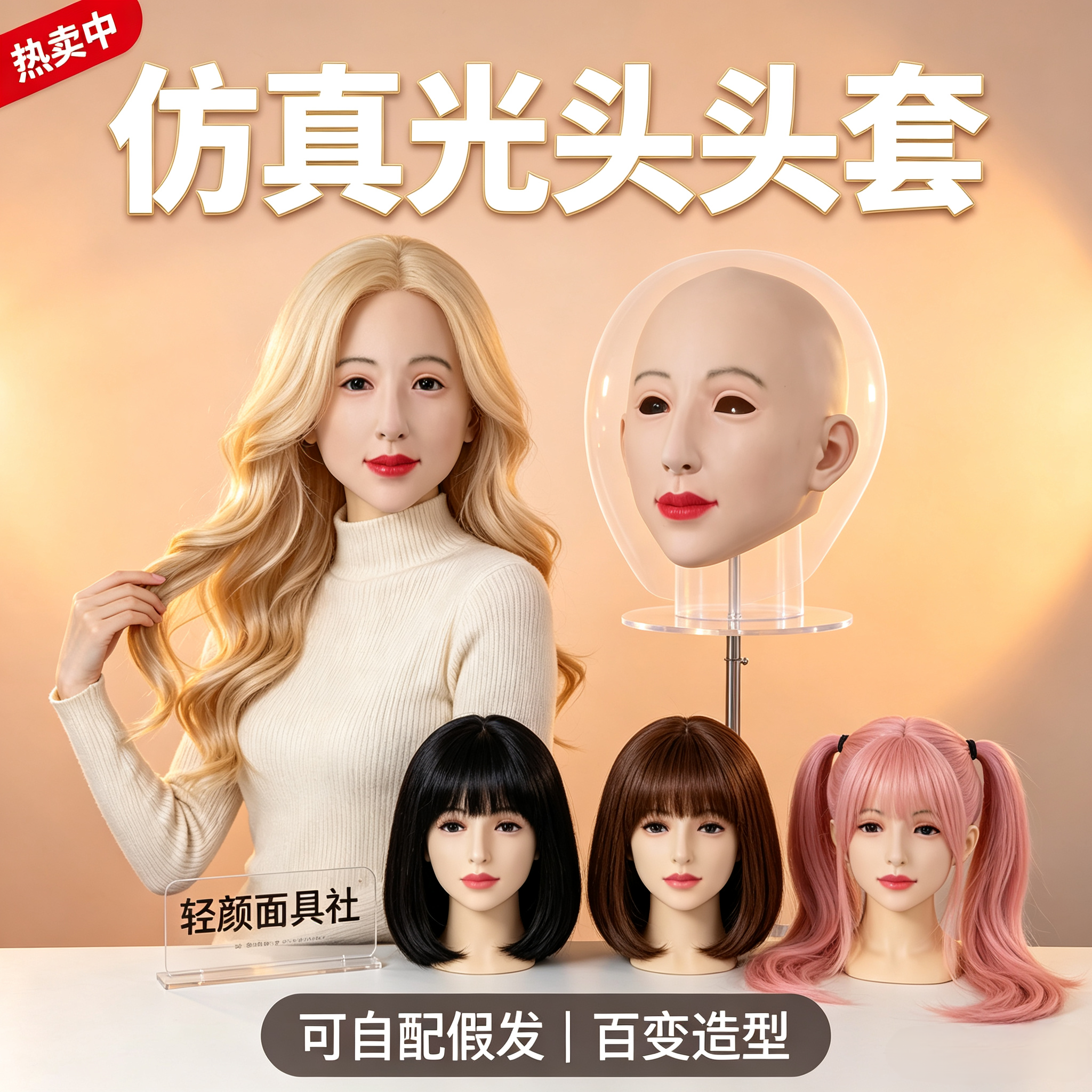 全头仿真美女头套 可自配假发百变造型反串变装光头头戴式立体