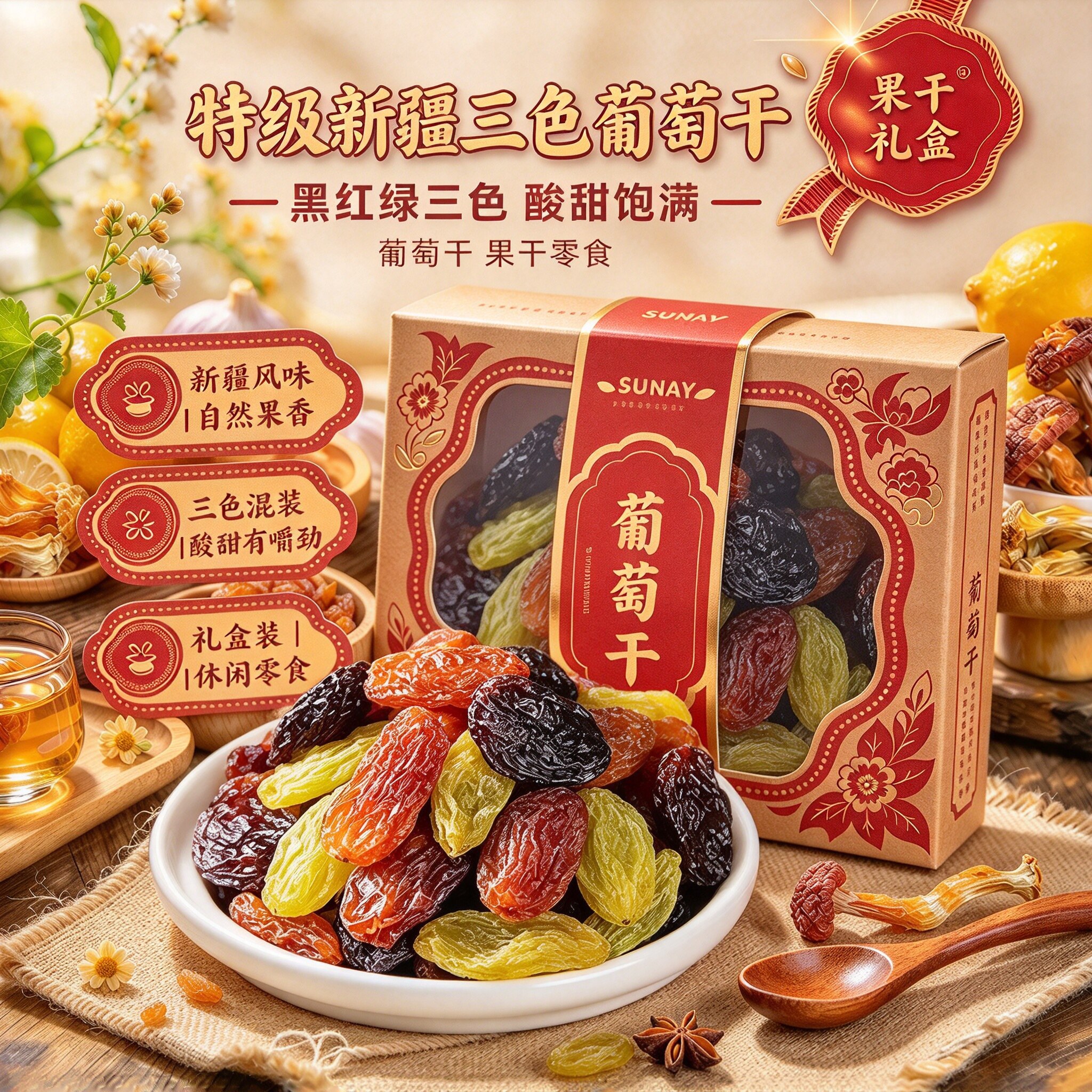 新疆吐鲁番三色超大葡萄干免洗