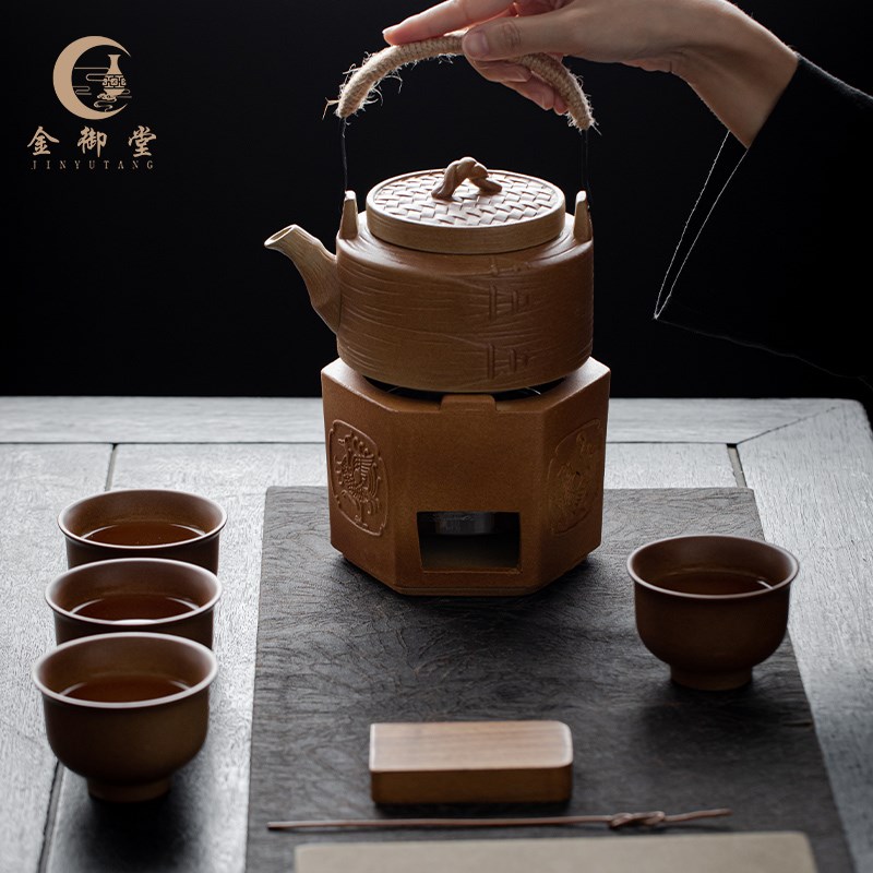 柴烧围炉煮茶壶提梁侧把壶复古手提粗陶茶壶简约茶具水壶户外泡茶