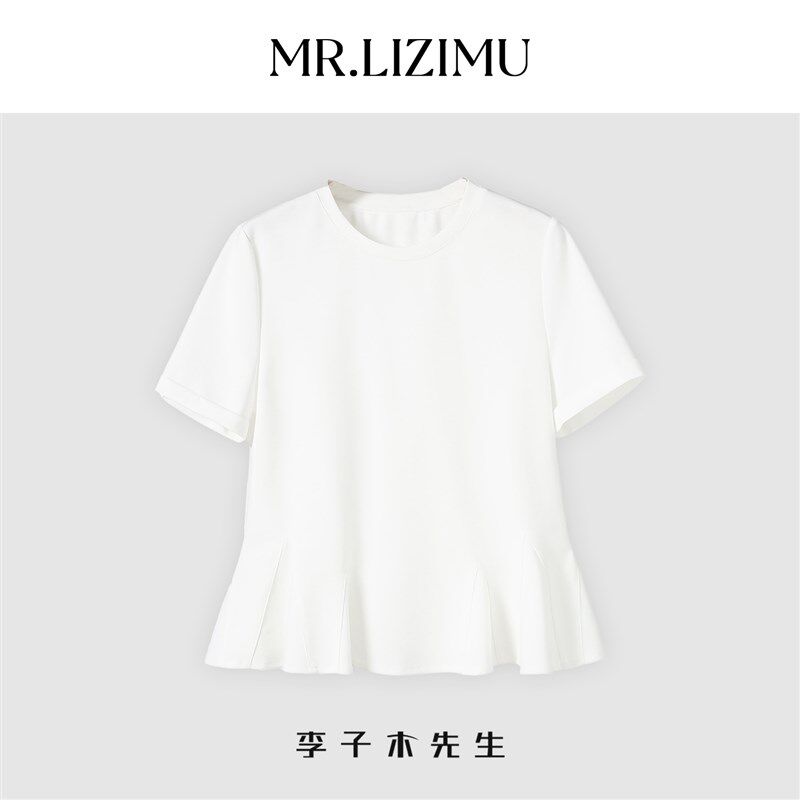 李子木新款荷叶边短袖T恤女2025夏圆领纯色显瘦百搭气质上衣小衫