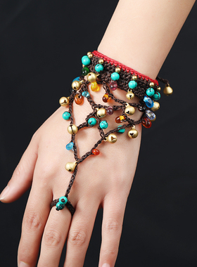 2021新款复古民族风手链戒指一体铃铛手链跳舞时尚夸张个性饰品女