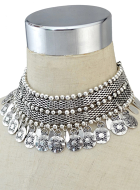 哈萨克饰品时尚夸张项链复古花纹短款流苏颈链锁骨链新疆配饰合金