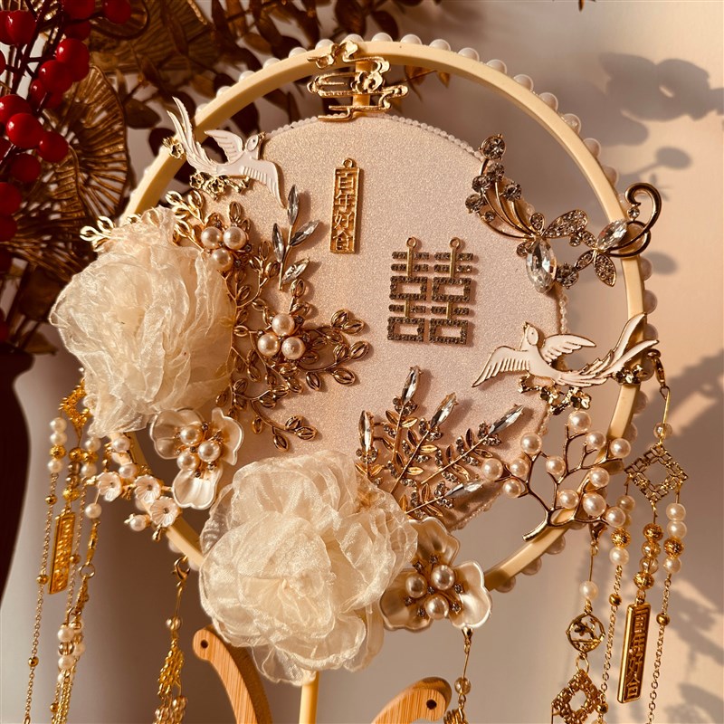 结婚团扇中式新娘秀禾金色扇子成品汉服出嫁喜扇材料包婚服礼物