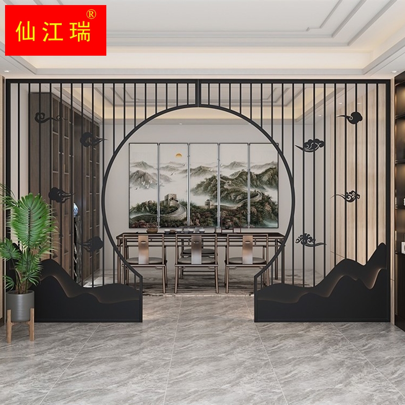 定制新中式c茶餐厅仿古月洞门屏风铁艺隔断客厅玄关圆月亮金属拱