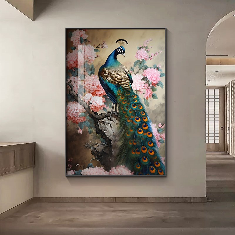 新中式孔雀入户玄关装饰画镶钻轻奢大气走廊过道背景墙画客厅挂画图片