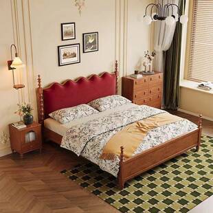中古风双人床1.5米1.8米美式复古实木床主卧靠背软包婚床高箱床