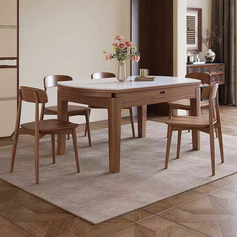 中古风实木岩板餐桌2024新款可伸缩方圆两用桌可变圆桌家用吃饭桌