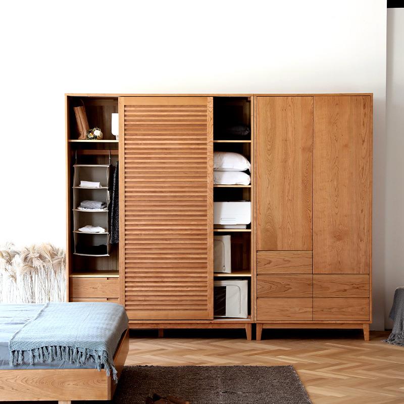 北欧实木衣柜移门樱桃木推拉门衣橱简约现代卧室对开门百叶门组合