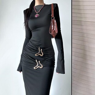 高个子加长黑色修身打底连衣裙长袖收腰显瘦气质包臀长款拖地裙子