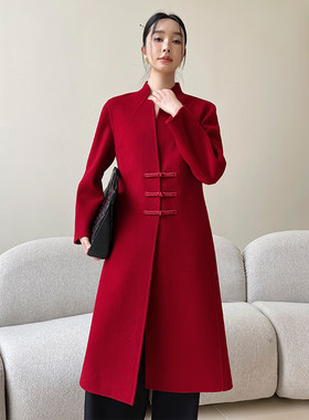 羊毛大衣女中长款2023新款双面羊绒新中式喜婆婆妈妈装毛呢外套