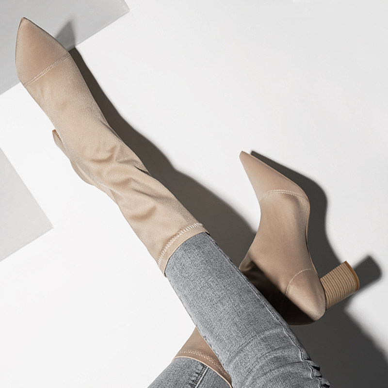 2021新款网红瘦瘦靴短靴女粗跟春秋单靴尖头裸色弹力加绒高跟裸靴,女鞋,时装靴,淘宝优惠券,粉丝福利购,淘宝优惠卷