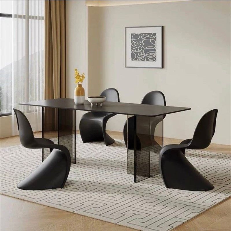现代简约亚克力悬浮岩板餐桌小户型长方形岛台简约书桌黑色透明腿,住宅家具,岩板餐桌,淘宝优惠券,粉丝福利购,淘宝优惠卷