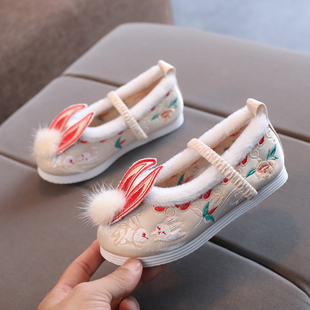 2024国风新款女童绣花鞋冬款小女孩汉服鞋儿童兔兔唐装拜年服鞋子