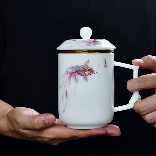 新冰种羊脂玉水杯白瓷泡茶杯茶水分离高档办公杯大号会议杯陶瓷带