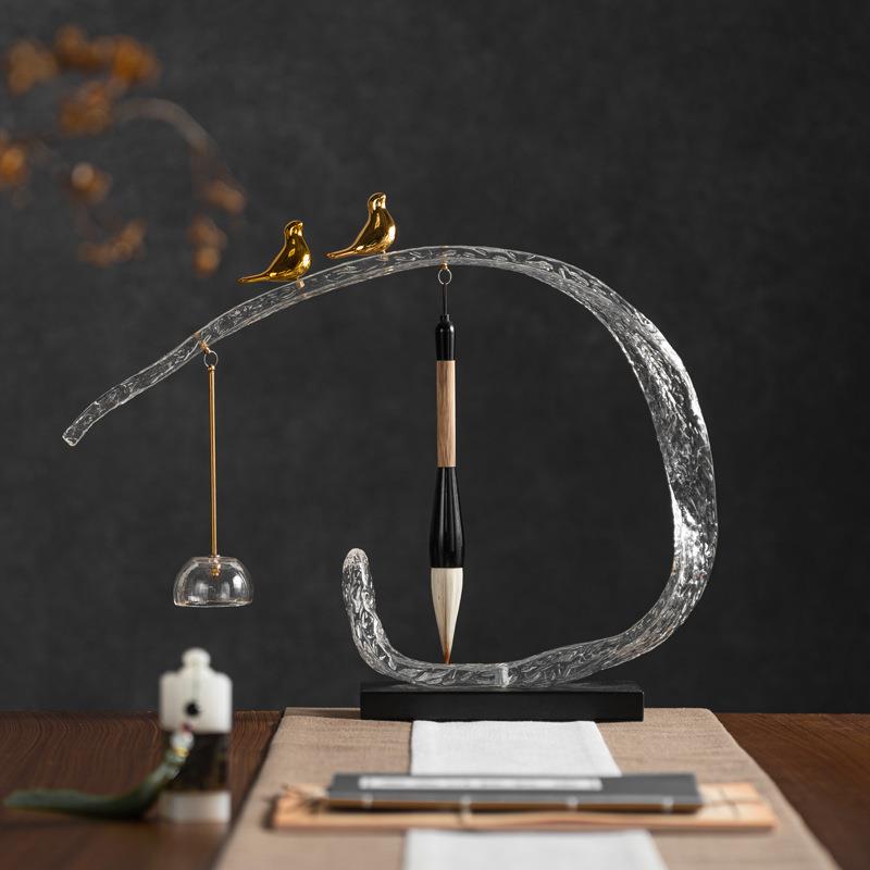 艺贝子新中式小鸟毛笔架摆件样板房间售楼处展厅书房茶室透明装饰