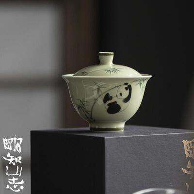 明知山志熊猫戏竹手绘盖碗茶室文人用陶瓷泡茶碗川蜀文化茶具