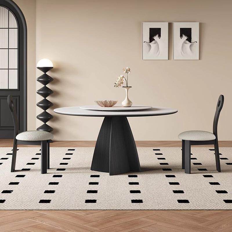 意式极简木婉然纯白现代简约带转盘高级感大小户型固定岩板餐桌