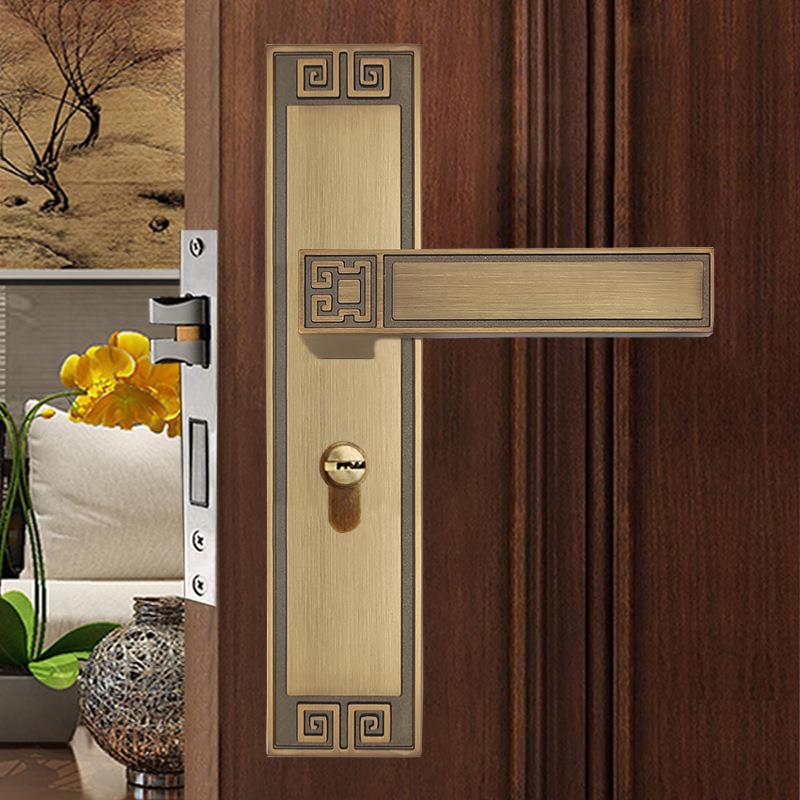免改孔新中式门锁静音磁吸锁卧室房间实木门锁可调黄古铜房门锁具