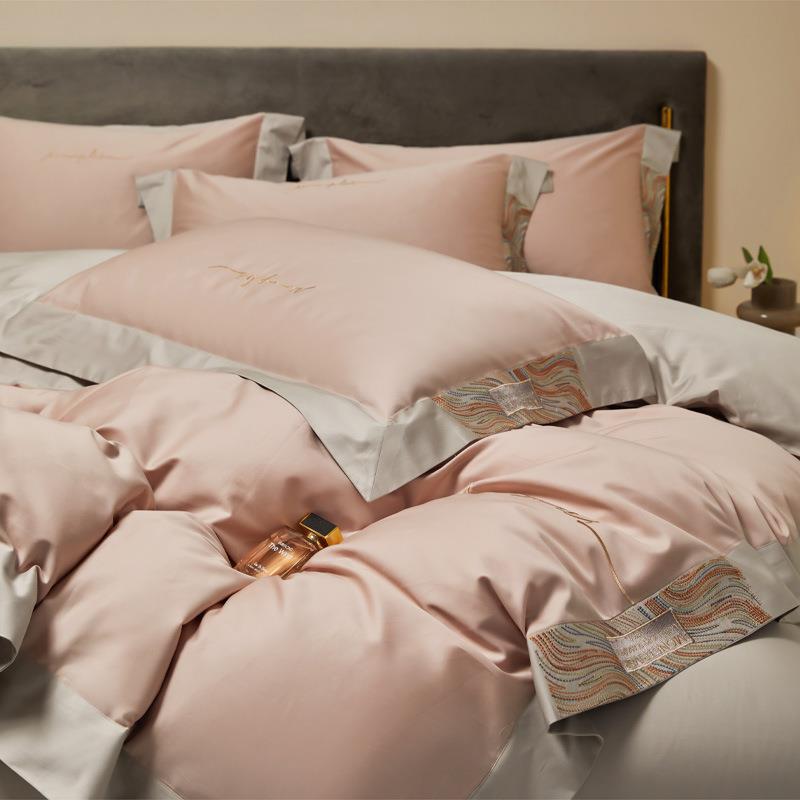 轻奢极简风A类100支长绒棉四件套被套刺绣边纯色简约亲肤裸睡四季