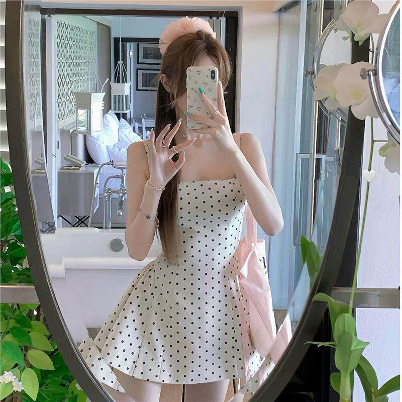白水女 miu系波点 杏色方领吊带连衣裙女春法式初恋清纯收腰裙子