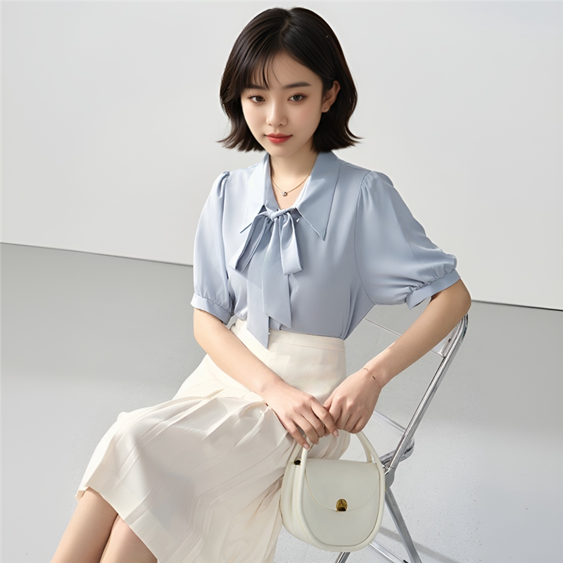 伯德小姐蓝色短袖衬衫女士夏季教衬衫