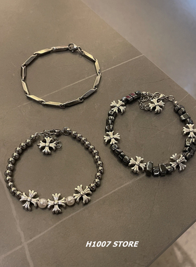 碎银拼接十字花串珠松紧绳男生手链女小众设计高级感手串情侣款配