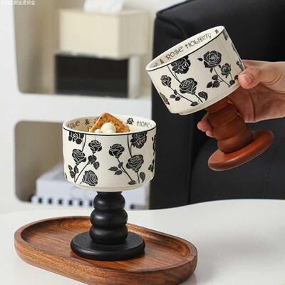 赫本黑玫瑰甜品杯高颜值陶瓷杯复古高脚杯冰淇淋杯家用蜡烛杯烛台