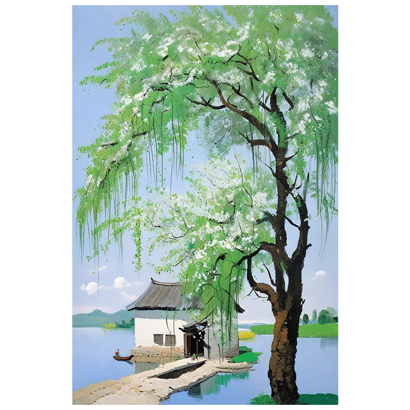 乡村田园风景纯手绘油画抽象垂柳树小屋客厅装饰画吴冠中玄关挂画图片