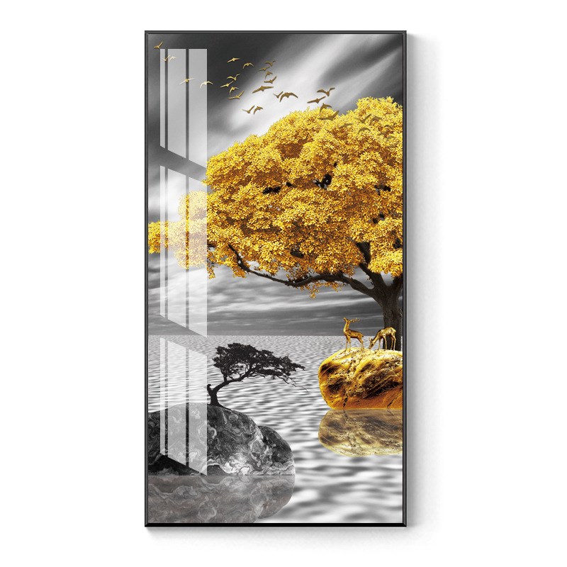 金福鹿玄关装饰画现代走廊尽头竖版抽象壁画楼梯大气晶瓷挂画图片