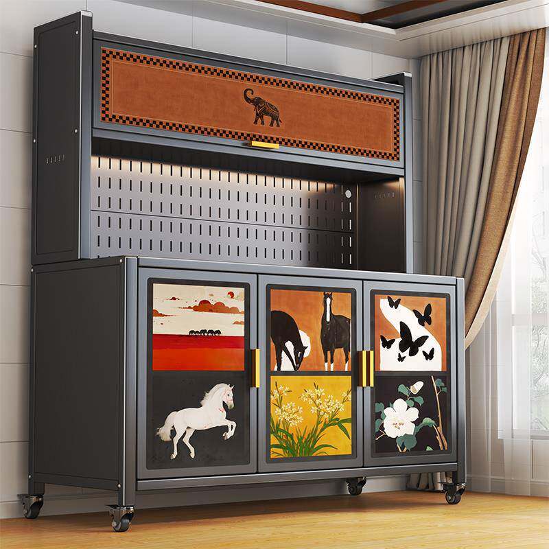 厨房置物架2025新款中古风餐边柜靠墙一体收纳柜多功能岩板储物柜