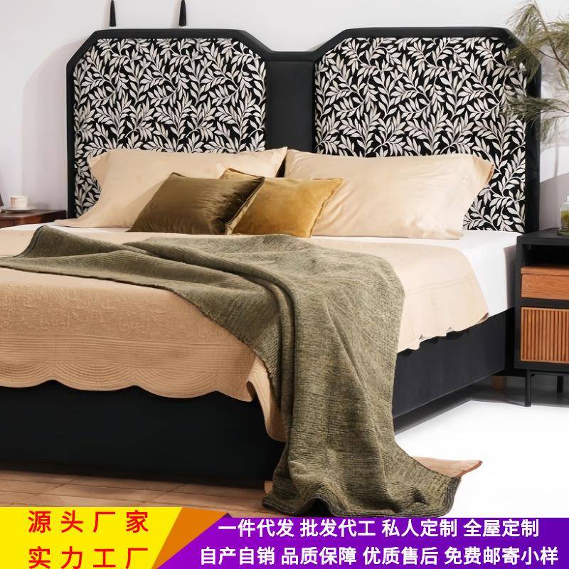 法式复古映画床小户型设计师新款双人床黑色主卧新中式花纹布艺床