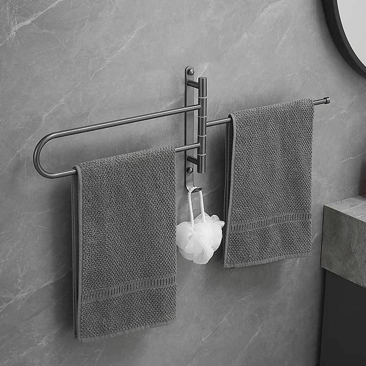 全铜拉丝枪灰旋转毛巾架卫生间活动毛巾杆浴室转角置物挂架单杆