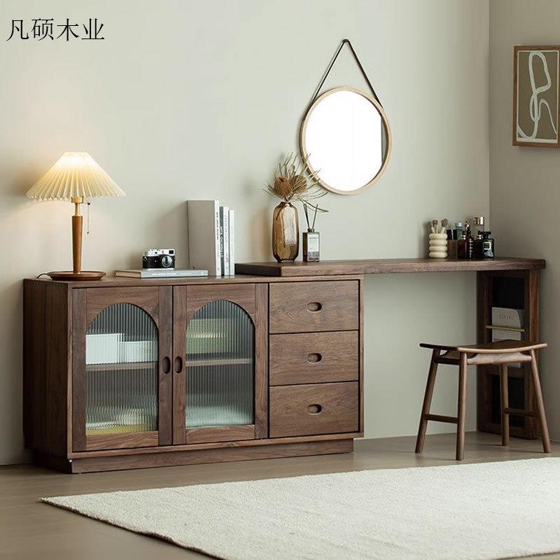 北欧全实木黑胡桃木复古梳妆台收纳一体卧室床尾拱门斗柜转角书桌