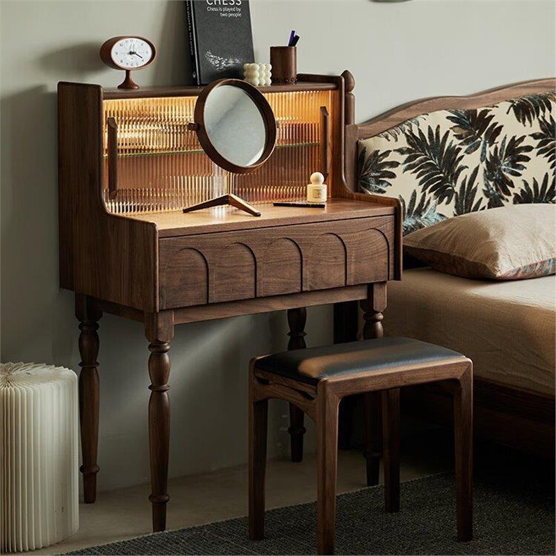 北美黑胡桃梳妆台法式复古樱桃木原木全实木小户型卧室中古化妆桌