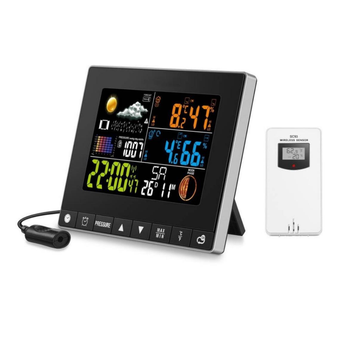 彩屏天气预报钟黑色挂钟温湿度传感电子闹钟万年历气象钟智能