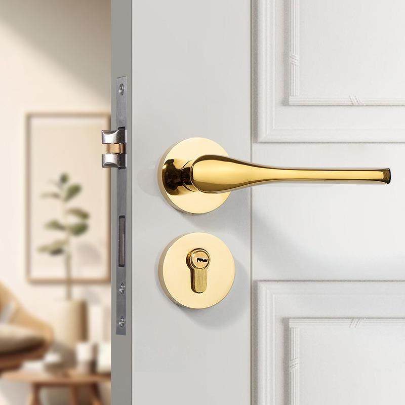 锌合金门锁高档家装亮金磁吸静音分体门把手实木门卧室美式轻奢